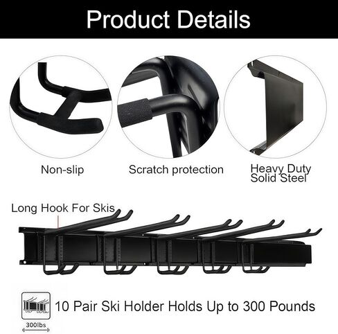 رف تزلج مقاس 32 بوصة، مخزن تزلج مثبت على الحائط لنظام تنظيم ألواح التزلج على الجليد في المرآب، 10 أزواج من شماعات حامل الزلاجات لسقيفة المنزل، يحمل ما يصل إلى 300 رطل in Kuwait