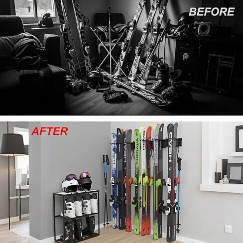 رف تزلج مقاس 32 بوصة، مخزن تزلج مثبت على الحائط لنظام تنظيم ألواح التزلج على الجليد في المرآب، 10 أزواج من شماعات حامل الزلاجات لسقيفة المنزل، يحمل ما يصل إلى 300 رطل in Kuwait