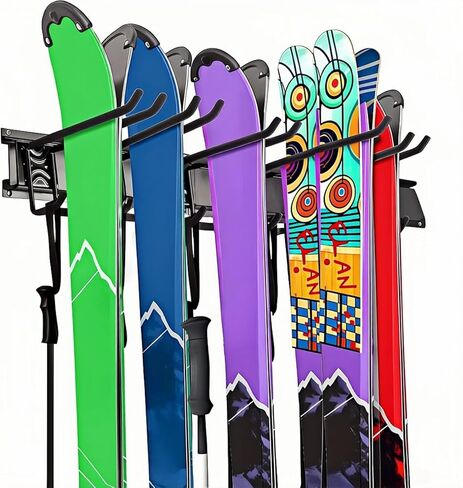 رف تزلج مقاس 32 بوصة، مخزن تزلج مثبت على الحائط لنظام تنظيم ألواح التزلج على الجليد في المرآب، 10 أزواج من شماعات حامل الزلاجات لسقيفة المنزل، يحمل ما يصل إلى 300 رطل in Kuwait