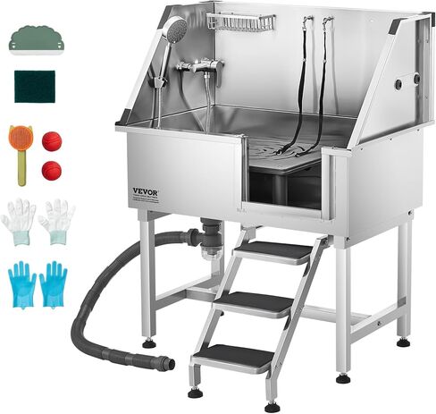 VEVOR 50 "Pet Dog Bathing Station w/Ramp ، Professional Stains Steeld Dog Grooming Tub W/Soap Box ، Faucet ، Encord Cancory ، حوض استحمام الكلاب للحيوانات الأليفة الكبيرة ، المتوسطة ، الصغيرة ، مغسلة غسل للمنزل اليمين in Saudi Arabia