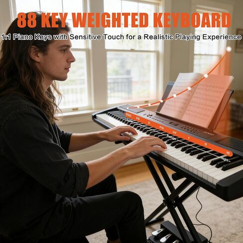 بيانو رقمي 88 مفتاحًا مرجحًا، 88 مفتاحًا لوحة مفاتيح بيانو كاملة الحجم مع مقعد بيانو، وحدة احترافية ذات 3 دواسات، حامل قابل للتعديل، بيانو كهربائي للمبتدئين واللاعبين المتوسطين (أسود) in Kuwait