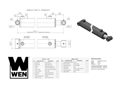 Wen Cross Tube Hydraulic Cylinder with 2.5-inch Bore and 20-inch Stroke (WT-2520) in Saudi Arabia