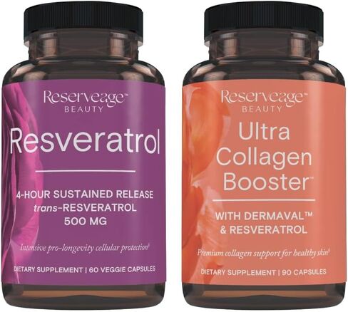 ريسيرفيج ريسفيراترول ومعزز الكولاجين الفائق - كبسولات ريسفيراترول والكولاجين لدعم الخلايا والبشرة - تتميز بديرمافال - 60 كبسولة ريسفيراترول، 90 كبسولة معززة فائقة الكولاجين in Kuwait