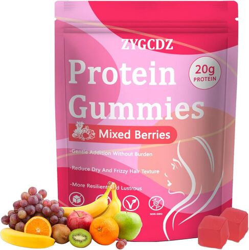 Protein Gummies for Women & Men, 20g Protein per Serving, Zero Sugar, Vegan, Supports Hair Skin Nails Health with Collagen, Energy Boosting Supplement, Mixed Berries Flavor, 60 Gummies (1) (1) in Saudi Arabia