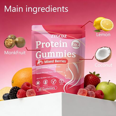 Protein Gummies for Women & Men, 20g Protein per Serving, Zero Sugar, Vegan, Supports Hair Skin Nails Health with Collagen, Energy Boosting Supplement, Mixed Berries Flavor, 60 Gummies (1) (1) in Saudi Arabia