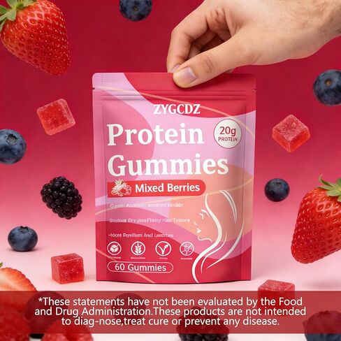 Protein Gummies for Women & Men, 20g Protein per Serving, Zero Sugar, Vegan, Supports Hair Skin Nails Health with Collagen, Energy Boosting Supplement, Mixed Berries Flavor, 60 Gummies (1) (1) in Saudi Arabia