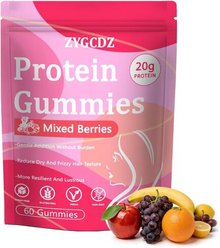 Protein Gummies for Women & Men, 20g Protein per Serving, Zero Sugar, Vegan, Supports Hair Skin Nails Health with Collagen, Energy Boosting Supplement, Mixed Berries Flavor, 60 Gummies (1) (1) in Saudi Arabia