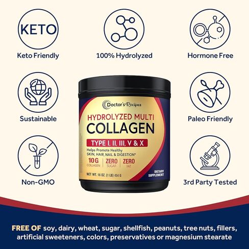 مسحوق ببتيدات الكولاجين المتعدد للنساء والرجال من دكتور وصفات، بروتين متحلل من الأبقار التي تتغذى على العشب من النوع I II III V X، للبشرة والشعر والأظافر، بدون نكهة، سهل الذوبان، باليو وكيتو، 16oz in Kuwait