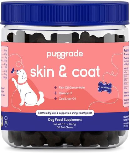 مضغ الجلد والمعطف من PupGrade - معطف أوميغا 3 + العناية بالسقيفة + الدفاع عن الحساسية - مكمل ناعم وقابل للمضغ مع زيوت السمك الطبيعية للكلاب - بدون قمح أو ذرة أو حبوب - بنكهة اللحوم - 60 قطعة مضغ ناعمة in Kuwait