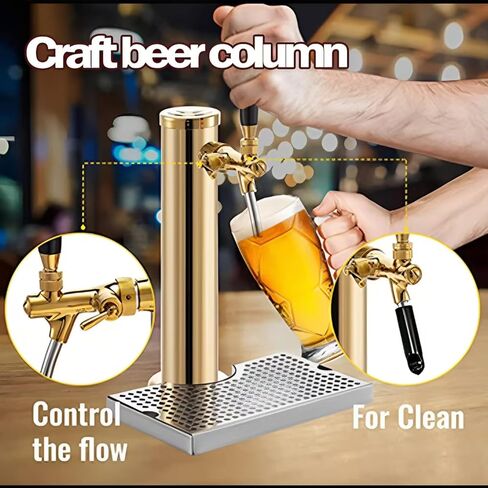 Tap Draft Beer Tower with Drip Tray, 14" Tall Stainless Steel Gold Beer Tower Kit, Beer Tower Kegerator Kit, for Outdoor Family Gatherings Or Commercial Applications (1 Tap + Drip Tray) in Saudi Arabia