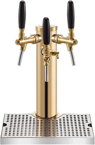 Tap Draft Beer Tower with Drip Tray, 14" Tall Stainless Steel Gold Beer Tower Kit, Beer Tower Kegerator Kit, for Outdoor Family Gatherings Or Commercial Applications (3 Tap + Drip Tray) in Saudi Arabia