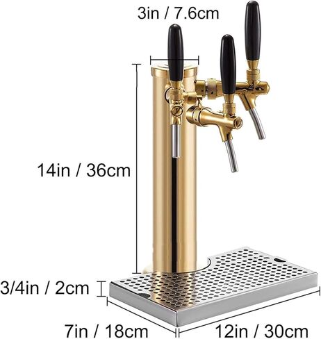 Tap Draft Beer Tower with Drip Tray, 14" Tall Stainless Steel Gold Beer Tower Kit, Beer Tower Kegerator Kit, for Outdoor Family Gatherings Or Commercial Applications (3 Tap + Drip Tray) in Saudi Arabia