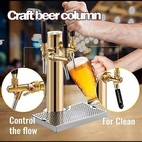 Tap Draft Beer Tower with Drip Tray, 14" Tall Stainless Steel Gold Beer Tower Kit, Beer Tower Kegerator Kit, for Outdoor Family Gatherings Or Commercial Applications (3 Tap + Drip Tray) in Saudi Arabia