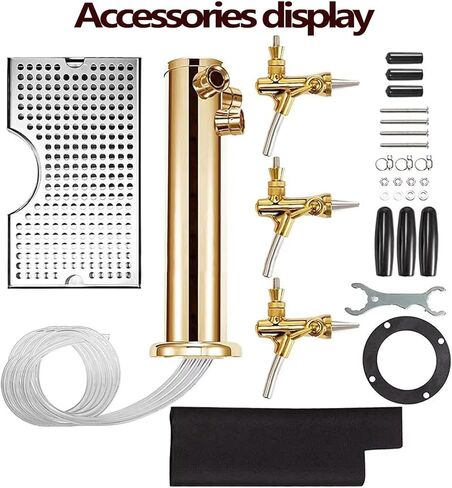 Tap Draft Beer Tower with Drip Tray, 14" Tall Stainless Steel Gold Beer Tower Kit, Beer Tower Kegerator Kit, for Outdoor Family Gatherings Or Commercial Applications (3 Tap + Drip Tray) in Saudi Arabia