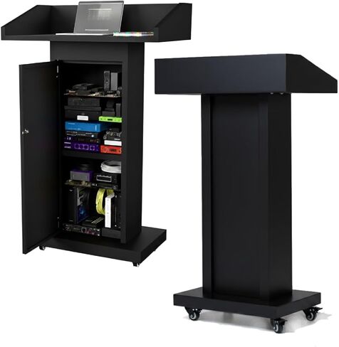 Heavy-Duty Black Metal Podium Stand with Lockable Wheels | Mobile Lectern with Storage Cabinet & Adjustable Height | for Conference Rooms, Churches, Classrooms & Events in Kuwait