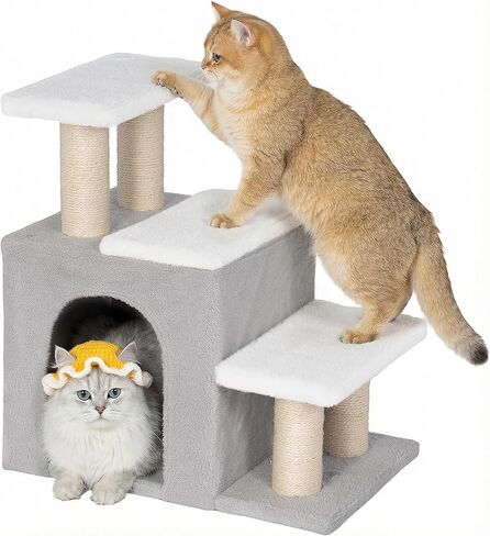 3-in-1 Pet Stairs for Cats, Dog Steps for Small Doggie, 6.29''Depth Cat Stairs, Indoor Cat Ladders for High Bed for Pet's Joints,Soft Plush, 1 Cat Condo Cave, Sisal Scratching Posts, Grey, Medium in Kuwait