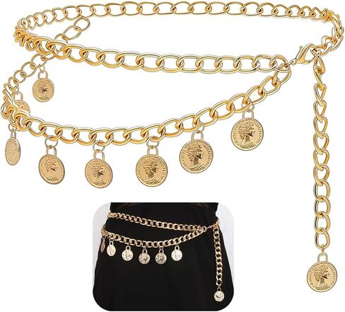 Pirate Belt for Women Pirate Costume Accessories Gold Coin Pendant Waist Chain Pirates Outfit Jewelry Gold Layered Necklaces Halloween in Saudi Arabia