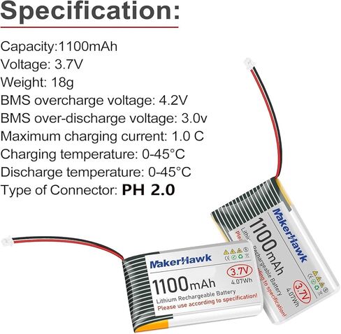 MakerHawk 3.7V 1100mAh LiPo Battery 102540 Rechargeable 1S Lithium Polymer Battery with Protection Board Insulated Rubber Tape, Micro JST 1.25 Plug for Arduino ESP32 Development Board (4 Pack) in Saudi Arabia
