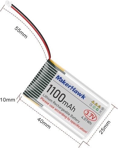 MakerHawk 3.7V 1100mAh LiPo Battery 102540 Rechargeable 1S Lithium Polymer Battery with Protection Board Insulated Rubber Tape, Micro JST 1.25 Plug for Arduino ESP32 Development Board (4 Pack) in Saudi Arabia