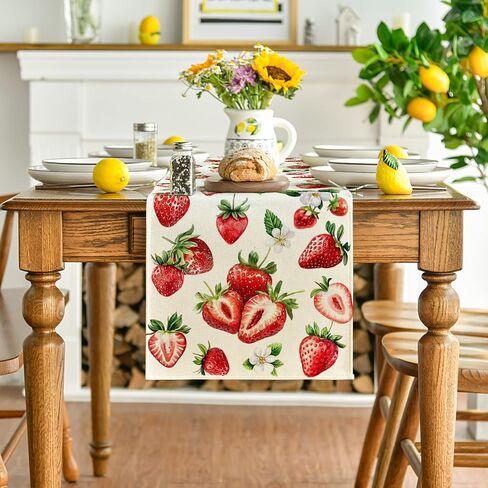 Artoid Mode Strawberry Wildflowers Fruit Spring Summer Table Runner, Seasonal Kitchen Dining Table Decoration for Home Party Decor 13x72 Inch in Saudi Arabia