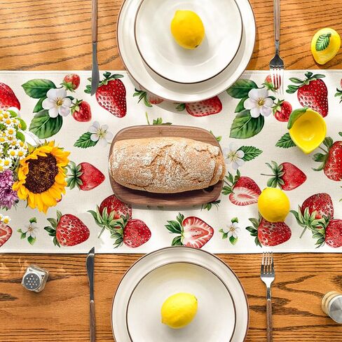 Artoid Mode Strawberry Wildflowers Fruit Spring Summer Table Runner, Seasonal Kitchen Dining Table Decoration for Home Party Decor 13x72 Inch in Saudi Arabia