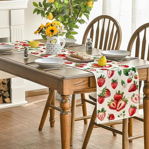 Artoid Mode Strawberry Wildflowers Fruit Spring Summer Table Runner, Seasonal Kitchen Dining Table Decoration for Home Party Decor 13x72 Inch in Saudi Arabia