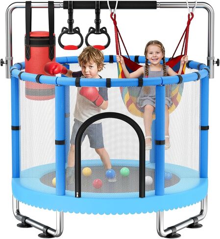 Toddler Trampoline,55" Trampoline for Kids with Enclosure,440lbs Capacity Toddler Trampoline Outdoor & Indoor with Adjustable Gymnastics Bar & Toys,Gift for Boys & Girls in Saudi Arabia
