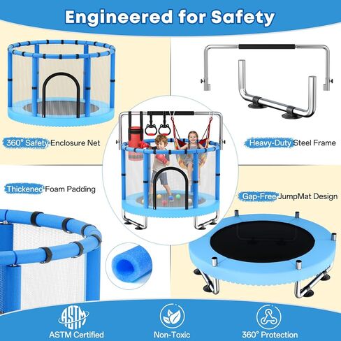 Toddler Trampoline,55" Trampoline for Kids with Enclosure,440lbs Capacity Toddler Trampoline Outdoor & Indoor with Adjustable Gymnastics Bar & Toys,Gift for Boys & Girls in Saudi Arabia