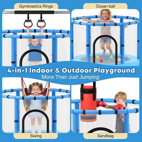 Toddler Trampoline,55" Trampoline for Kids with Enclosure,440lbs Capacity Toddler Trampoline Outdoor & Indoor with Adjustable Gymnastics Bar & Toys,Gift for Boys & Girls in Saudi Arabia