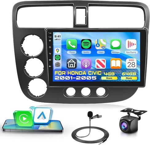 2G+64G Car Radio Stereo with HiFi Audio for Honda Civic 2001-2005, Wireless CarPlay/Android Auto 9 Inch HD Touch Screen Android 13 GPS WiFi Bluetooth FM/RDS EQ HD Backup Camera in Saudi Arabia