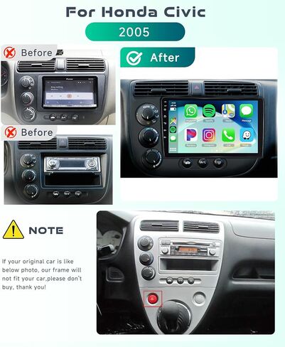 2G+64G Car Radio Stereo with HiFi Audio for Honda Civic 2001-2005, Wireless CarPlay/Android Auto 9 Inch HD Touch Screen Android 13 GPS WiFi Bluetooth FM/RDS EQ HD Backup Camera in Saudi Arabia