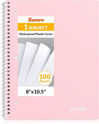 SUNEE Spiral Notebook, 1-Subject, Wide Ruled Paper, 8" x 10-1/2", 100 Sheets per Notebook, 3-Hole Punched Paper, Water Resistant Cover, Double-sided Pockets, Spiral Lined Notebooks for School, Black in Saudi Arabia