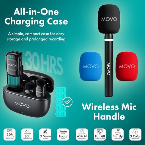 Movo NanoMic Wireless Lavalier Microphone for Camera – Clip-On TRS Mic System for DSLR, Camcorders, and Mirrorless Cameras, Video, Interviews w/WMX-HM2 Wireless Mic Handle in Saudi Arabia