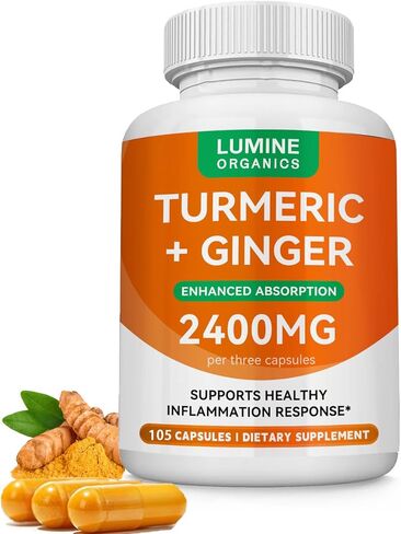 مكمل الكركمين الكركم | 2400 ملغ من مستخلص الكركم مع 95% من الكركمينويدات مع دنج النحل والزنجبيل وزيت MCT وفيتامين C القابل للذوبان في الدهون والفلفل الأسود - 105 كبسولة (قطعة واحدة) in Kuwait