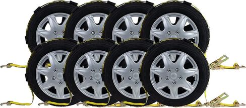 منتجات Mytee 8 عبوات مقاس 2 × 9 بوصة فوق أحزمة إطارات العجلة مع سقاطة وخطاف J دوار وكتل مطاطية - 10.000 رطل قوة كسر سحب أشرطة ربط لأسفل لشاحنات نقل السيارات، UTV، سرير مقطورة الشاحنة in Kuwait