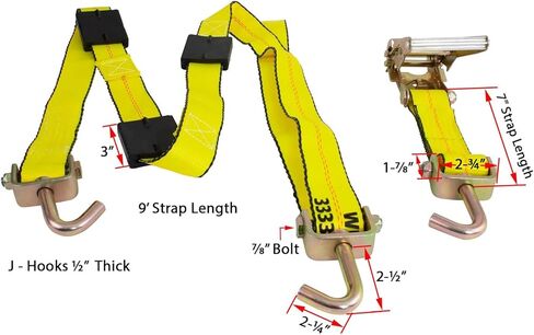منتجات Mytee 8 عبوات مقاس 2 × 9 بوصة فوق أحزمة إطارات العجلة مع سقاطة وخطاف J دوار وكتل مطاطية - 10.000 رطل قوة كسر سحب أشرطة ربط لأسفل لشاحنات نقل السيارات، UTV، سرير مقطورة الشاحنة in Kuwait