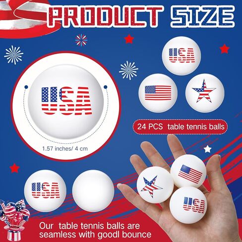Soulchen 24 Pcs Independence Day Table Tennis Balls Bulk 40 mm 250th Anniversary Patriotic Table Tennis Ball America Flag USA Star Novelty Funny Toys Accessories for 4th of July Gift Party in Saudi Arabia