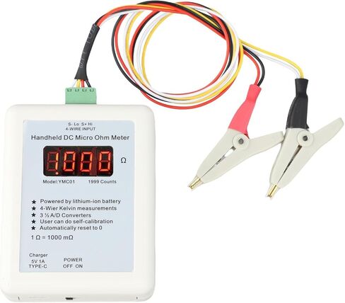 YMC01 Portable DC Milliohm Meter Digital Low Resistance Tester With Four-Wire Kelvin Testing For Transformer Motor Coil Resistance Measurement Type-C Charging 2R Range(Small clip 2R) in Saudi Arabia