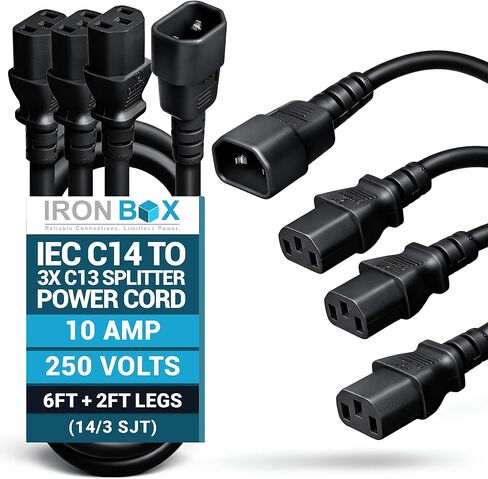 IronBox Electric IEC C14 to 3X C13 Splitter Power Cord - 10A, 250V, 14/3 SJT - Heavy Duty Outlet Splitter - UL Listed Cable Extension Cord for Monitor, Computer, Data Centers & More (6ft + 2ft Legs) in Kuwait