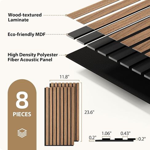 INMOZATA 8 عبوات من الألواح الخشبية الصوتية المخددة مقاس 11.8 بوصة × 23.6 بوصة، وألواح جدارية قابلة للتقشير واللصق لتزيين الجدران الداخلية، والمدفأة، وغرفة المعيشة، وغرفة النوم، والمكتب (الجوز) in Kuwait