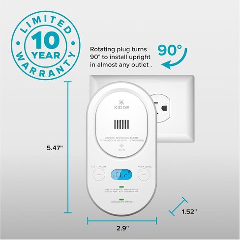 Kidde Smart Carbon Monoxide Detector & Indoor Air Quality Monitor, Plug-in with AA Battery Backup, Real-Time Notifications, 2.4 GHz Wi-Fi Enabled, Rotating Plug, 85 dB Alarm, 5th Edition, COPDLQW in Saudi Arabia