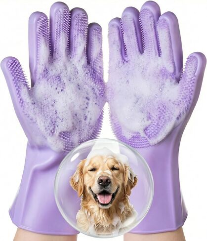 DELOMO Dog Washing Gloves 1 Pair: Soft and Gentle Silicone Pet Grooming Gloves - Bathing Scrubber Brush Mitt Grooming Shedding Fur Removal Massage for Dogs/Cats/Horse, Purple in Kuwait