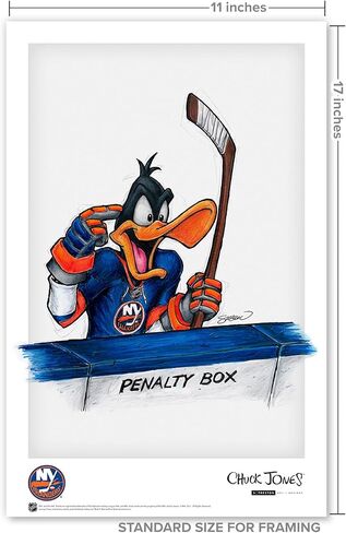 ملصق فني مطبوع عليه New York Islanders Daffy Duck NHL Looney Tunes بواسطة S. Preston - ديكور جدار المنزل لغرفة المعيشة، 11 بوصة × 17 بوصة عمل فني غير مؤطر، أزرق in Kuwait