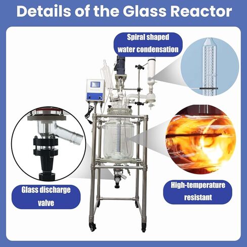 20L Jacketed Glass Reactor, Chemical Lab Reaction Vessel Device for Reaction Distillation with Stainless Steel Support Frame and Wheels Adjustable Speed 50-500RPM in Kuwait