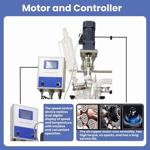 20L Jacketed Glass Reactor, Chemical Lab Reaction Vessel Device for Reaction Distillation with Stainless Steel Support Frame and Wheels Adjustable Speed 50-500RPM in Kuwait