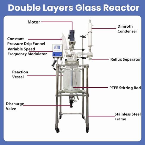 20L Jacketed Glass Reactor, Chemical Lab Reaction Vessel Device for Reaction Distillation with Stainless Steel Support Frame and Wheels Adjustable Speed 50-500RPM in Kuwait