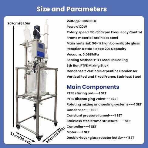 20L Jacketed Glass Reactor, Chemical Lab Reaction Vessel Device for Reaction Distillation with Stainless Steel Support Frame and Wheels Adjustable Speed 50-500RPM in Kuwait