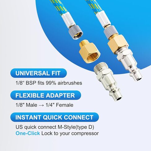 Premium10-Ft Braided Airbrush Hose with US-Standard Air Compressor Quick Connect and 1/8" to 1/4" Adapter, Compatible with Harder & Steenbeck, Iwata, Badger and Other Mainstream Airbrushes in Kuwait