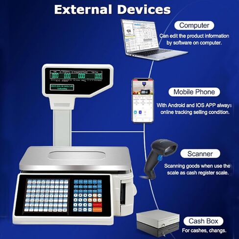 Commercial Label Printing Scales,Digital Barcode Weighing Scales with Label and Receipt Printer,Label Printing Scale Pole Display, 30kg/60lbs Capacity in Saudi Arabia