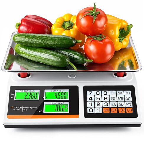 مقياس حساب السعر Atogou 88lb/40 كجم، مقياس مطبخ الطعام التجاري مع مفاتيح الأسعار المحددة مسبقًا، استخدام إضافي أو قابل لإعادة الشحن، شاشات LCD مزدوجة السطوع، للإنتاج والمزارعين والأسواق واللحوم (ليس للتجارة in Kuwait